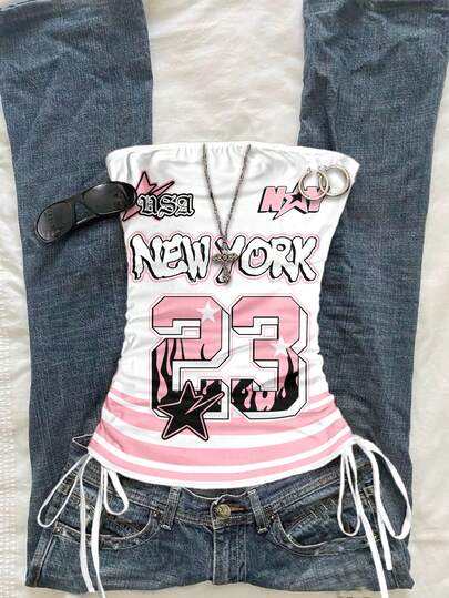 SHEIN EZwear 女士休闲抽绳纽约字母数字23印花打结紧身抹胸上衣，适合外出、街头风、机场穿搭、时尚复古、Y2K风格、返校季