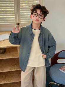 DAZY 男童纯色休闲长袖牛仔衬衫（春季款） - 淺色水洗藍 - 查看 5