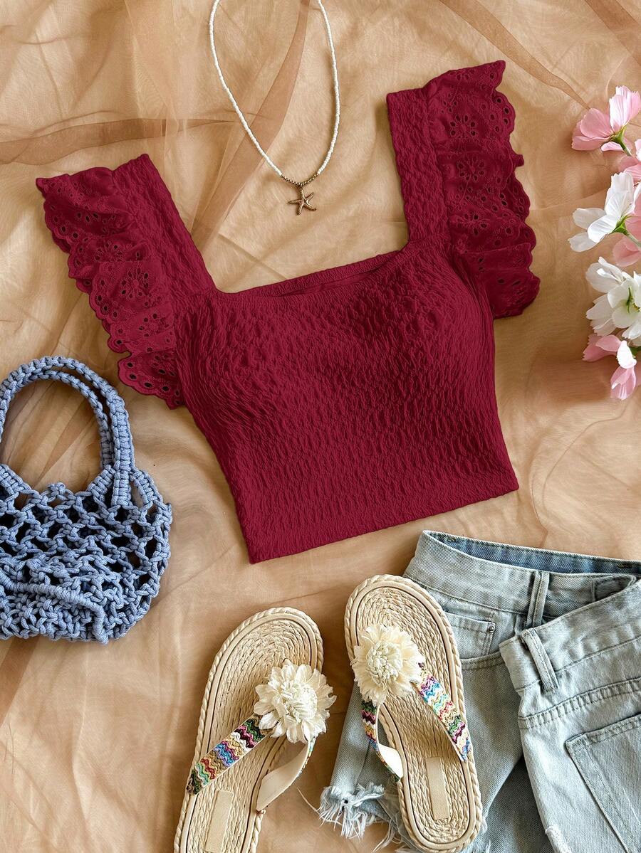 Soleia 优雅针织褶皱花卉蕾丝边短款女式上衣 - 紅色 - 查看 1