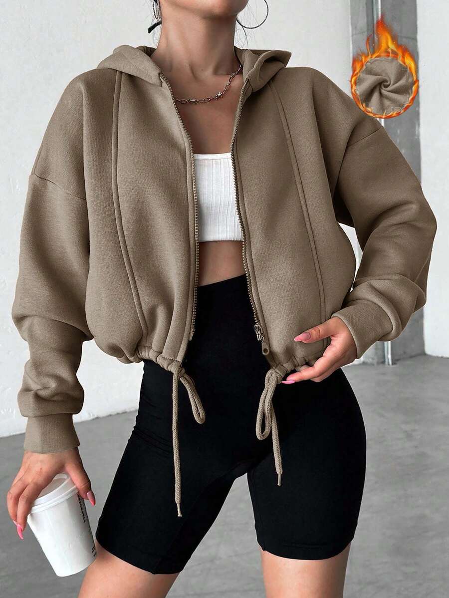 Áo hoodie có dây rút vai bằng cotton, kéo khóa - Lạc đà - Xem 1