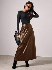 COSMINA Damen eleganter Schirm-Saum Langrock aus PU-Leder, Herbst/Winter - Kaffeebraun - Übersicht 4