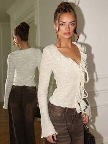 SHEIN Glamour 性感深V领荷叶边系带蝴蝶结针织薄开衫，杏色，适合日常居家穿着 - 杏色 - 查看 5