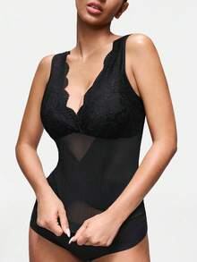 SHAPORA 女士深V蕾丝拼接极简塑身衣 - 黑色 - 查看 5