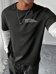 HUEFORM Men's Casual Crew Neck Pullover T-Shirt With Printed Sleeve, Faux Two-Piece Design With Different Materials Suitable For Spring/Autumn Men Long Sleeve T-Shirt Men Casual Tops Men Slogan Graphic Drop Shoulder Tee - Black and White - View 1