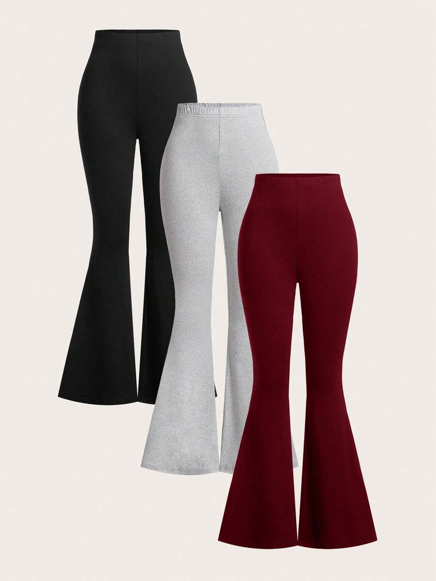SHEIN EZwear 3件套女士高腰紧身喇叭裤套装,适合春、秋、冬三季穿着。 - 彩色 - 查看 1