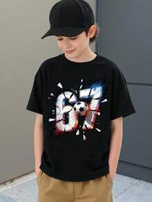 Tween Boy Casual Stylish Creative Personalized Refreshing Chic Minimalist Cool Digit 67 Football Graphic Print Basic Short Sleeve T-Shirt, Comfortable Daily Wear, Cozy Summer & Fall Styles Suitable For Boys Boy 7y Clothing Graphic T Kid Boys Hip Hop Clothing - Black - View 3