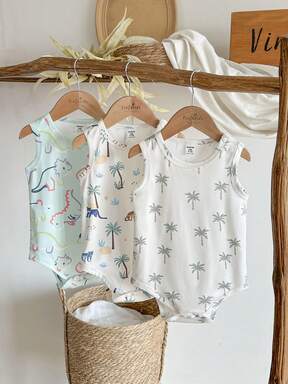 SHEIN Vintaside Kids Conjunto de 3 piezas casual de verano para bebé unisex - body de tirantes, blanco, negro, gris jaspeado, tela suave y cómoda, adecuado para vacaciones, viajes, escuela, reuniones diarias, ocasiones de primavera/verano