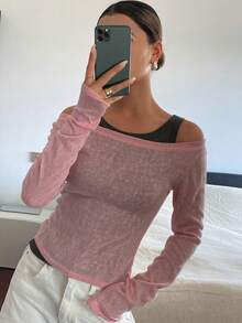 DAZY 2 piezas Conjunto de camiseta de manga larga y camiseta sin mangas de ajuste ceñido de unicolor para mujer, ropa casual de vacaciones, conjunto de ropa de estar en primavera/otoño para mujer - Rosa - Ver 8