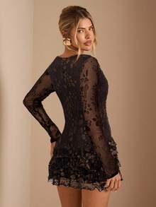 SHEIN BAE Women Burgundy Solid Color Elegant Lace Trim Layered Ruffles Hem Mini Dress For Dating Night Club Birthday Party Valentine's Day Floral Sexy Outfit, Long Sleeve Tiered Cake Layered Mini Dress,Summer Dresses For Women - Coffee Brown - View 2