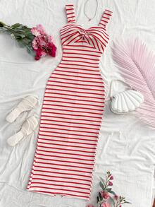 Soleia Women's Summer Fashion Vacation Style Contrast Color Striped Pattern Twist Front Split Hem Fitted Mid-Length Dress,Women's Dresses - Red and White - View 6