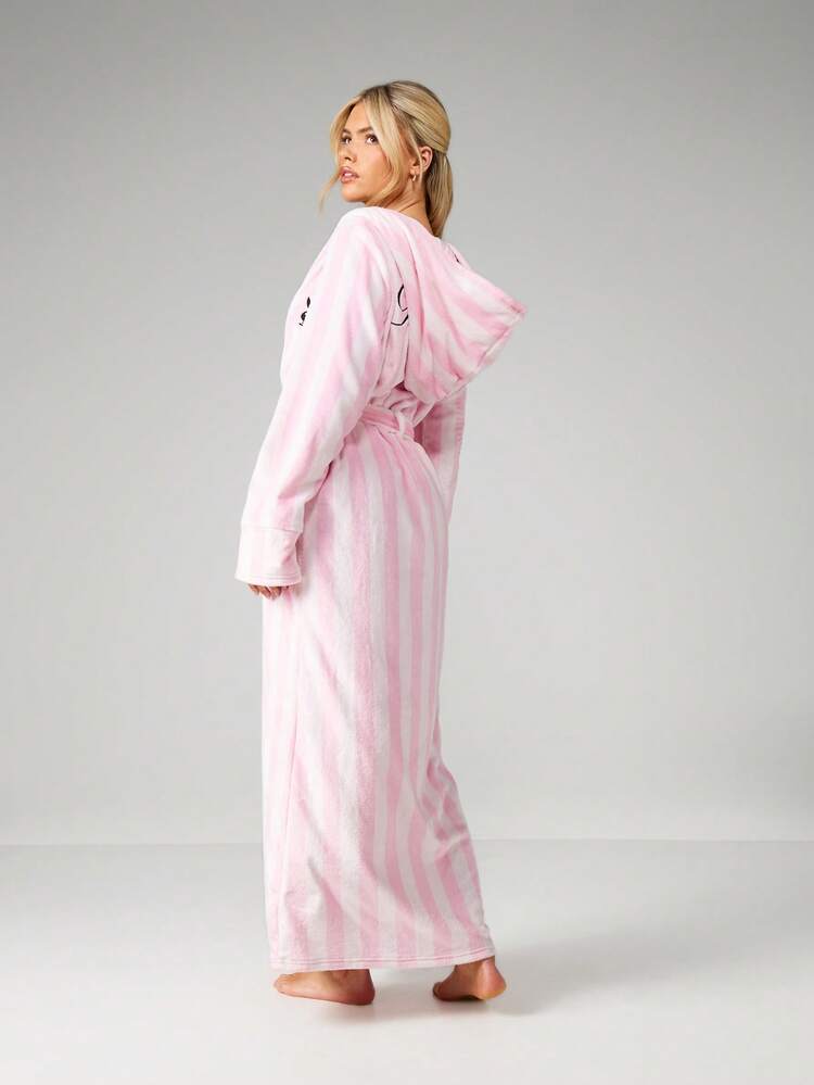 Missguided x Playboy Fluffy Striped Long Robe With Belt Tie Closure Winter Loungewear Cozy Comfort Home