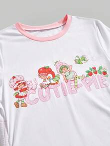 Strawberry Shortcake | ROMWE Áo thun tay ngắn xếp ly in hình hoạt hình cỡ lớn mùa hè - màu đen - Xem 4