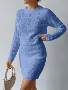 EURMUSE Elegant Texture Knit Hollow Out Sweater & Sweater Skirt Co-Ords 2 Pieces Set - Baby Blue - View 3
