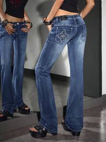 Jeanoix 女士复古刺绣超低腰喇叭牛仔裤 - 藍色 - 查看 2