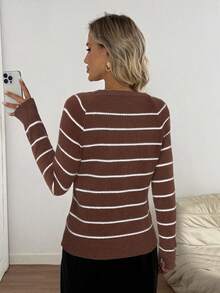 Easowa 条纹宽松休闲针织套头毛衣 - 棕色 - 查看 2
