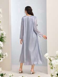 Al Najma Elegant Rhinestone Decor Contrast Lace Loose Arabic Style Dress - Purple - View 2