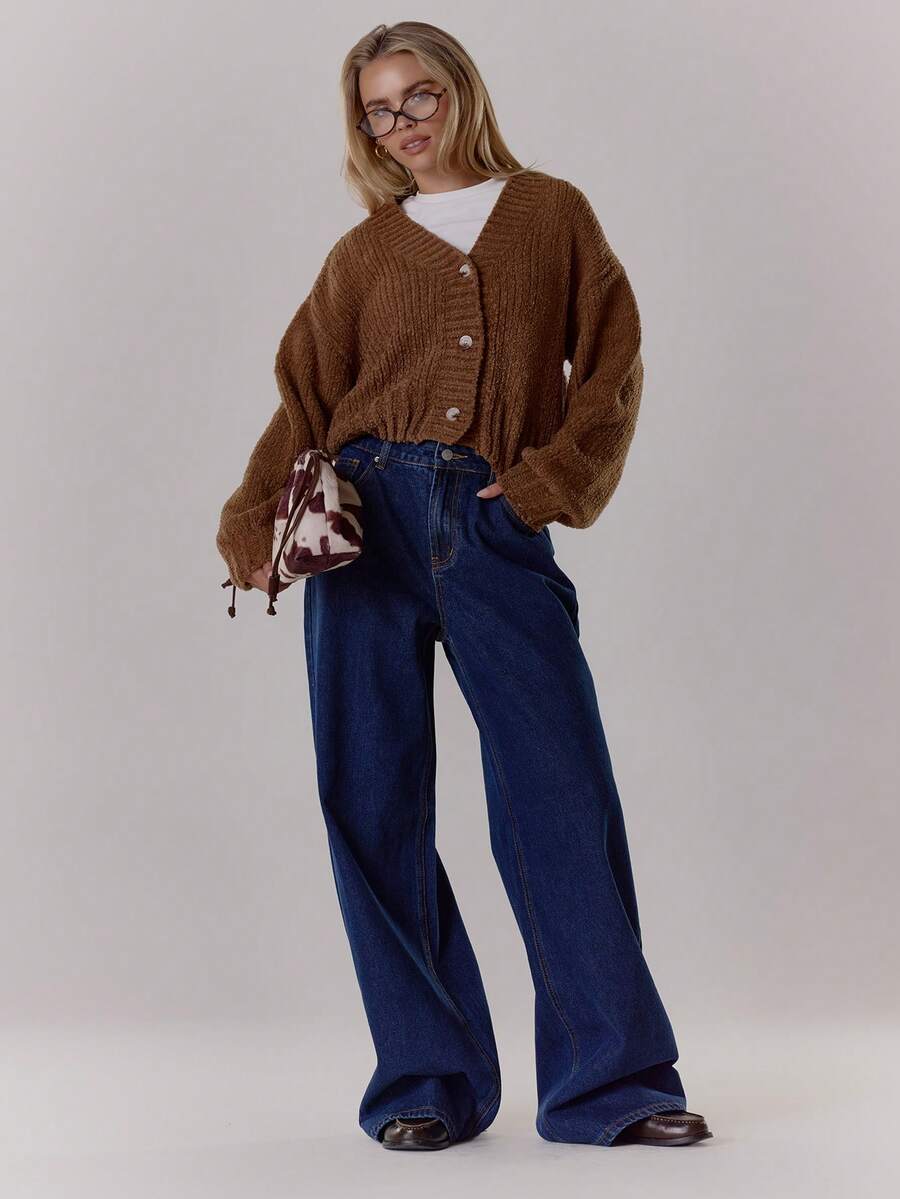 MUSERA Oversized Button Down Balloon Sleeve Knit Cardigan Cute Classy Casual Streetwear Sexy Going Out Toffee Elegant Evening Party Winter - Brown - View 1