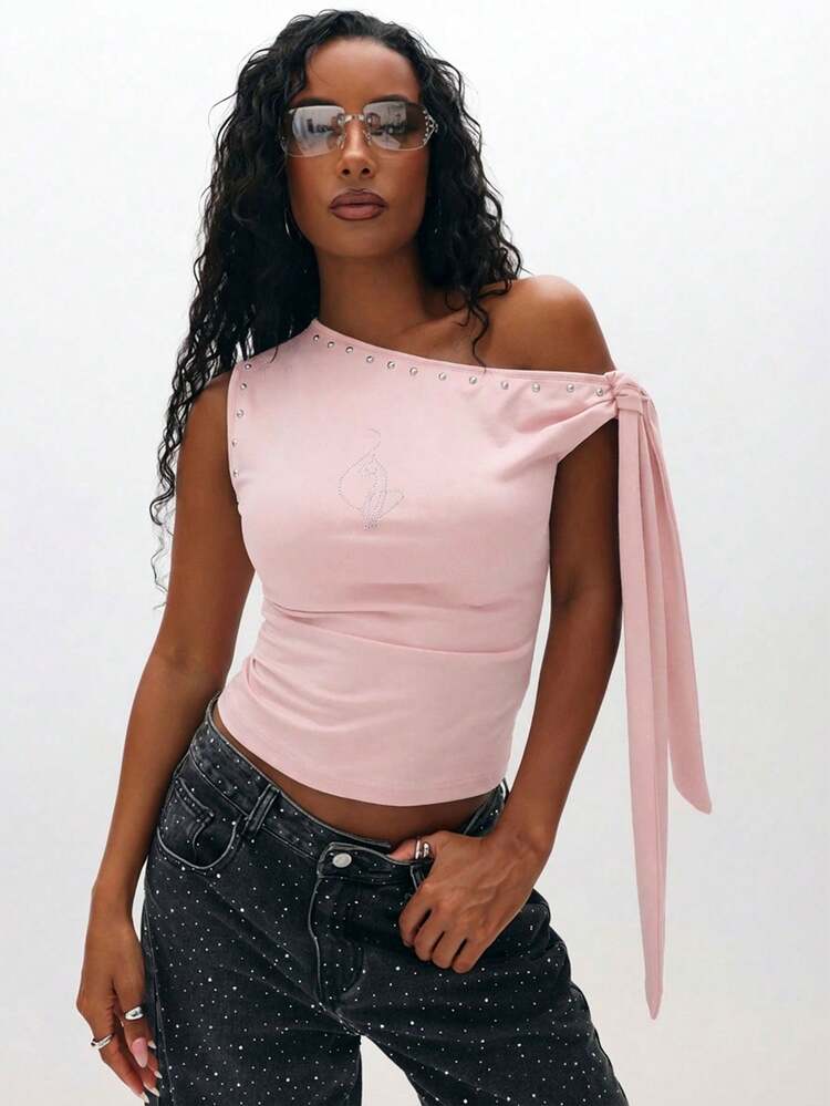 BABYPHAT One Shoulder Top With Studded Detail And Tie Sleeve For Women Spring Summer Casual Party Evening Wear
