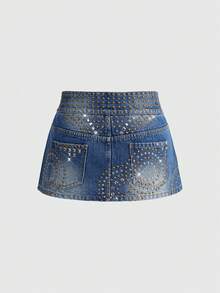 ROMWE Grunge Punk Chân váy denim ngắn nữ thời trang, gợi cảm, đính đá lấp lánh, chi tiết đinh tán, túi lệch vai, thích hợp cho mùa hè. - Màu xanh lam - Xem 2