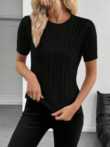 SHEIN Cottnline Blogger-Inspired Twist Rope Decor Round Neck Knit Sweater, Versatile For Autumn/Winter - Black - View 5