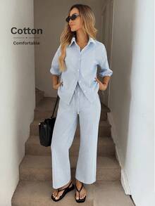 SHEIN LUNE Conjunto informal de 3 piezas para mujer para el aeropuerto: Camisa de punto con abertura delantera a rayas azules y blancas, pantalones a juego a rayas azules y blancas, y top blanco de primavera/verano - Azul y blanco - Ver 4