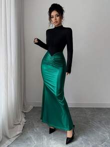 Elenzga 女士撞色领修身长裙 - 墨綠色 - 查看 6