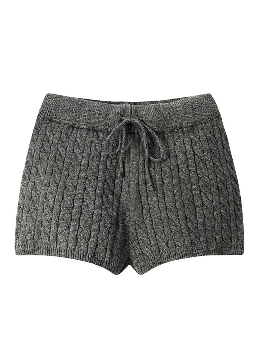 Franclia Women's Casual Daily Commute Simple Solid Color Cable Knit Drawstring Waist Sweater Shorts, Autumn/Winter