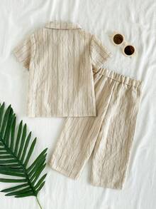 Vintaside Kids Baby Boy/Girl 2pcs Set,Beige,Summer,Space Theme,Family Matching,Textured Vertical Stripe Shirt Polo Collar Short Sleeve Top+Elastic Waist Pants Wear - White - View 2