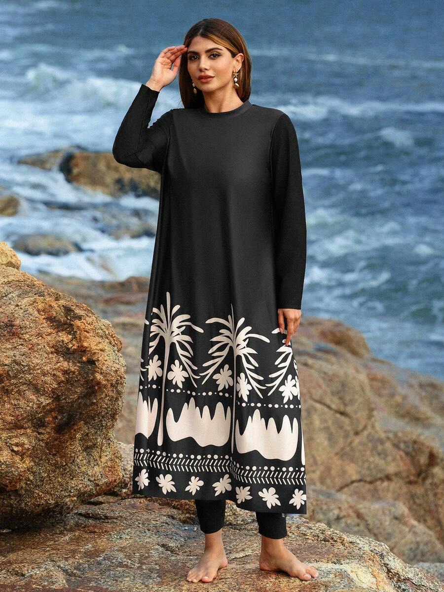 Swim Mulvari Bộ đồ bơi Burkini dài, kín đáo, tôn dáng 3 món dành cho nữ cỡ lớn, in họa tiết. - màu đen - Xem 1