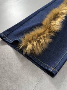 ROMWE MEN Quần jeans nam ống rộng dáng suông, phối nhiều mảnh lông và có túi, kiểu dáng thường ngày. - Màu xanh lam - Xem 5