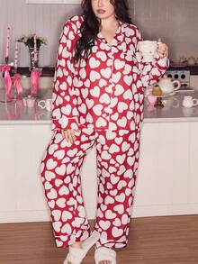 SHEIN Cute Heart Pajamas Set,Plus Size Valentine's Day Red And White Striped Contrast Soft Girl Lapel Cardigan Long Sleeve & Pants,Autumn,Family Matching - Pink - View 3