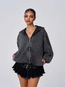 Jeanoix Petite 女士宽松落肩长袖拉链连帽牛仔外套 - 深灰色 - 查看 3