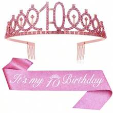 2pcs/Set Birthday Sash Birthday Crown Number Princess Crown Queen Tiara Rhinestone Birthday Headbands Birthday Sash With Pin Happy Birthday Crown And Sash Ribbon For Birthday Party Ball Decoration,Christmas - Multicolor - View 5