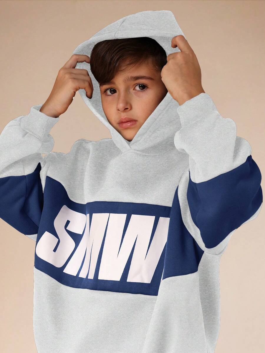 SUMWON Boys Oversized Logo Block Panel Pullover Hoodie With Ribbed Cuffs Casual Sweatshirt Winter Spring Fall Vacation - Light Grey - View 1
