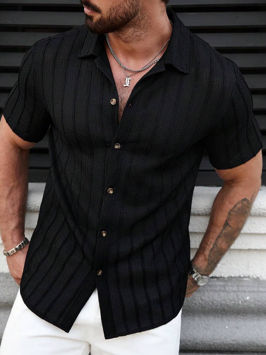Manfinity CasualCool 男士休闲条纹 Polo 领衬衫 男士正装衬衫 短袖衬衫 男士黑色短袖衬衫 男士黑色短袖衬衫 男士黑色衬衫 - 黑色 - 查看 1