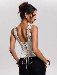SHEIN BAE Áo corset nữ mùa xuân/hè in họa tiết chấm bi, cổ chữ V xẻ sâu gợi cảm, áo corset chấm bi, áo corset ngày Valentine, áo hẹn hò, áo đi nghỉ hè, áo ngày lễ tình nhân, áo dự tiệc thanh lịch, áo đi chơi, áo sinh nhật cho nữ, áo chấm bi, áo công sở. - Màu be - Xem 2