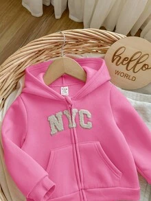 SHEIN 女婴休闲可爱字母印花连帽衫和裤子套装 - 玫紅色 - 查看 6