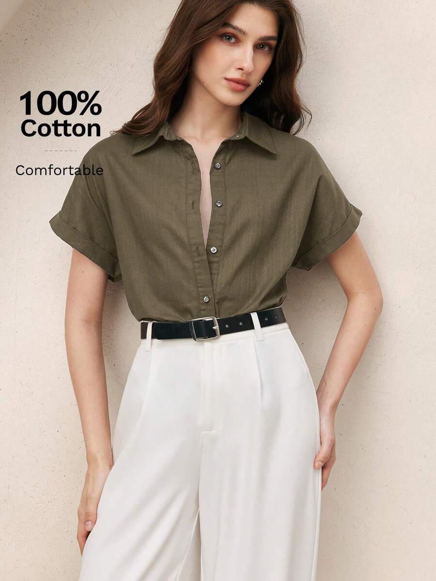 BizChic 绿色前开领短袖女式衬衫，现代优雅，适合都市通勤、日常百搭，亦可搭配90年代复古风、圣诞新年装扮，浪漫情人节派对、海滩毕业典礼、时尚嘉年华假日休闲简约风，适合婚礼宾客、主人、约会、派对、音乐会、早午餐、机场等多种场合。 - 軍綠色 - 查看 1