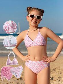 SHEIN 可爱少女豹纹三角吊带泳衣套装，含腰部纱笼（图案随机） - 粉色 - 查看 7