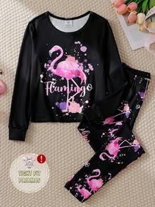 女童紧身火烈鸟印花夜光长袖T恤和紧身裤睡衣套装 - 紅色 - 查看 7