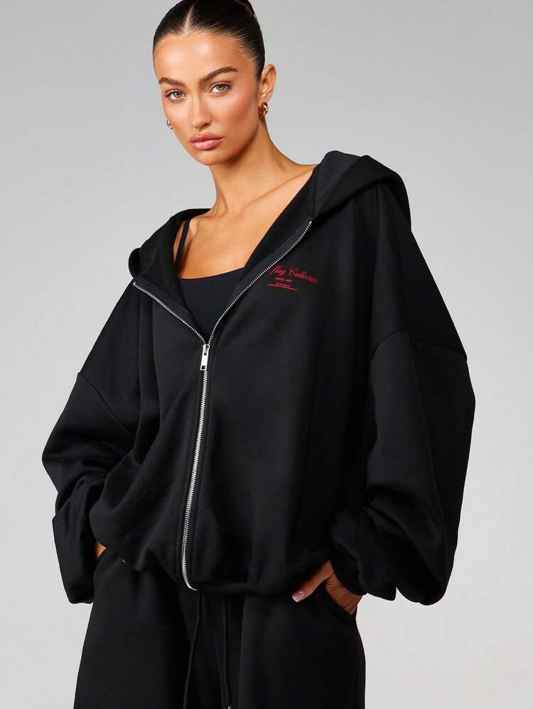 MISSGUIDED Kiss Print Red Lips Graphic Full Zip Hooded Sweatshirt For Fall Winter Casual Streetwear Style