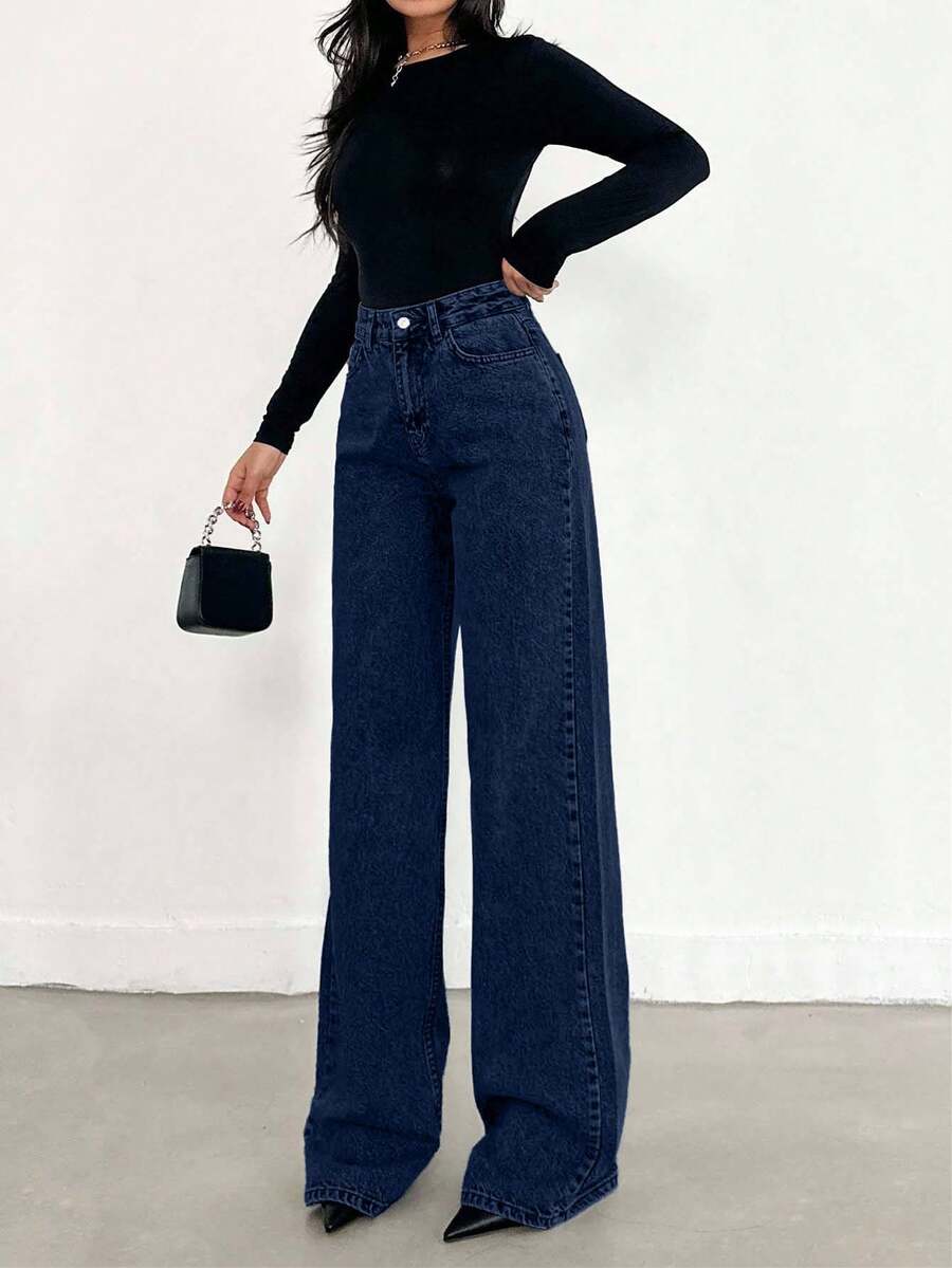 EURMUSE Damskie jeansy z kieszeniami i guzikami, casualowe i uniwersalne, z rozszerzanymi nogawkami - Średni jeans - Zobacz 1