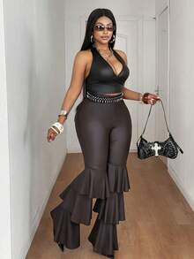 Maweii Plus Size Women's Elegant Velvet Fabric Colorblock Deep V-Neck Cinched Waist Dress,Black,Autumn,Smart Casual,Rave,Fashion Essential Versatile Outings - Brown - View 3
