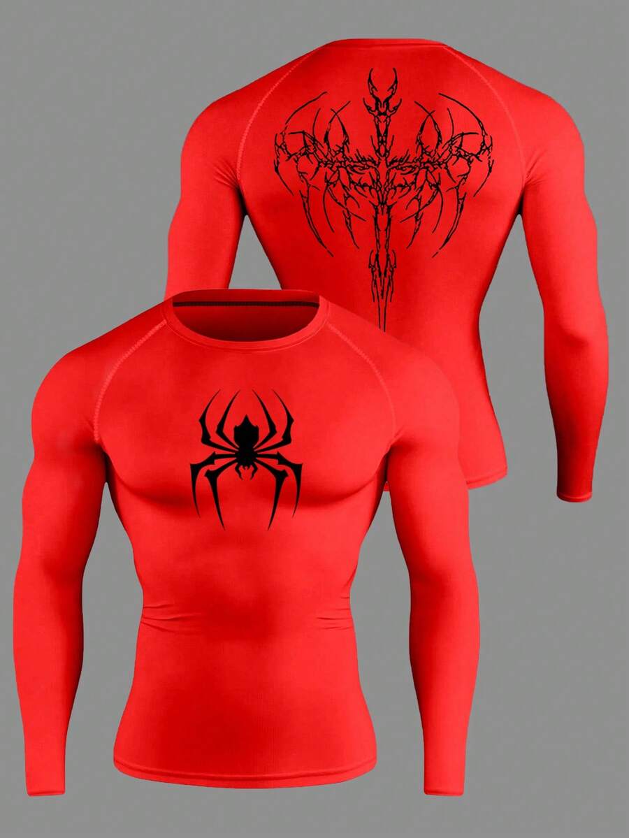 Coreblaze Men's Spider Print Raglan Long Sleeve Sports T-Shirt Rash Guard Men Spandex Shirts Men's Compression Tops Men's Compression Shirts Red Compression Shirt - Red - View 1