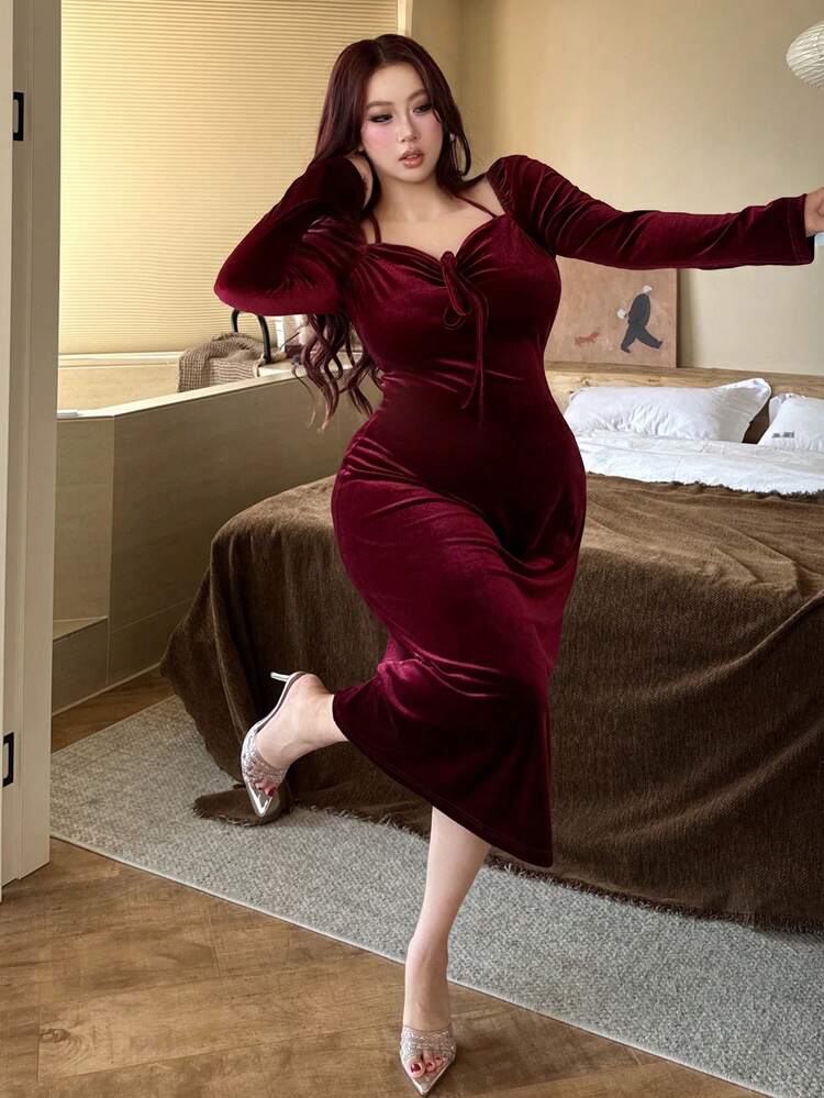 Dazy Plus Plus Size Women Velvet Halter Elastic Fitted Long Red Dress, Suitable For New Year Party, Autumn/Winter Valentine's Day