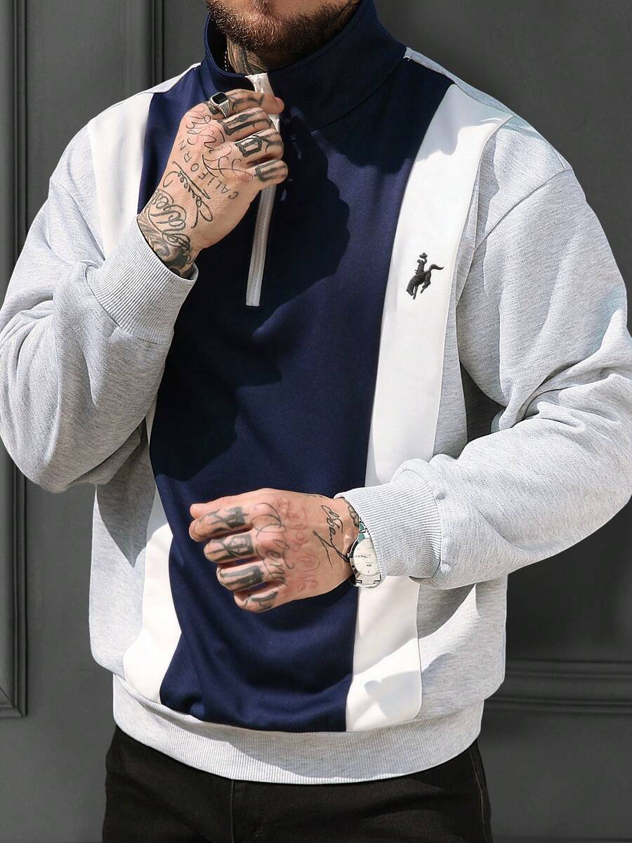 Manfinity Homme 男士撞色拼接半拉链休闲套头衫 男士四分之一拉链 - 彩色 - 查看 1