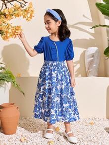 SHEIN Girls Middle Eastern Style Beaded Blue Top + Colorful Paisley Print Skirt Spring/Summer Set - Multicolor - View 5
