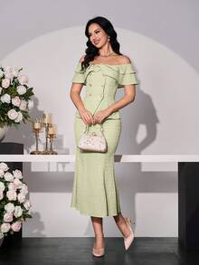 Modelyn Setelan 2 Potong Wanita: Atasan Kerah Ruffle Satu Bahu dan Rok Bodycon - Hijau - View 3