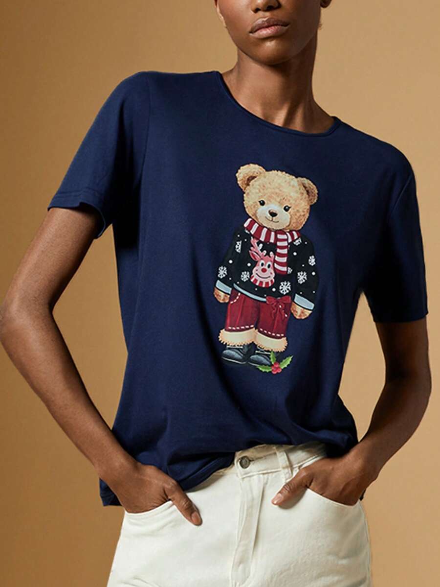 Briarwyn Casual Women's Navy Blue Short Sleeve Round Neck T-Shirt Featuring A Festive Bear Print - Navy Blue - View 1