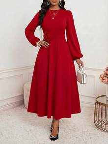 SHEIN Lady Đầm nữ cổ tròn màu trơn tay raglan phồng, thắt eo, dáng dài ngang gối, thanh lịch với họa tiết hoa. - Màu Đỏ Sâu - Xem 6